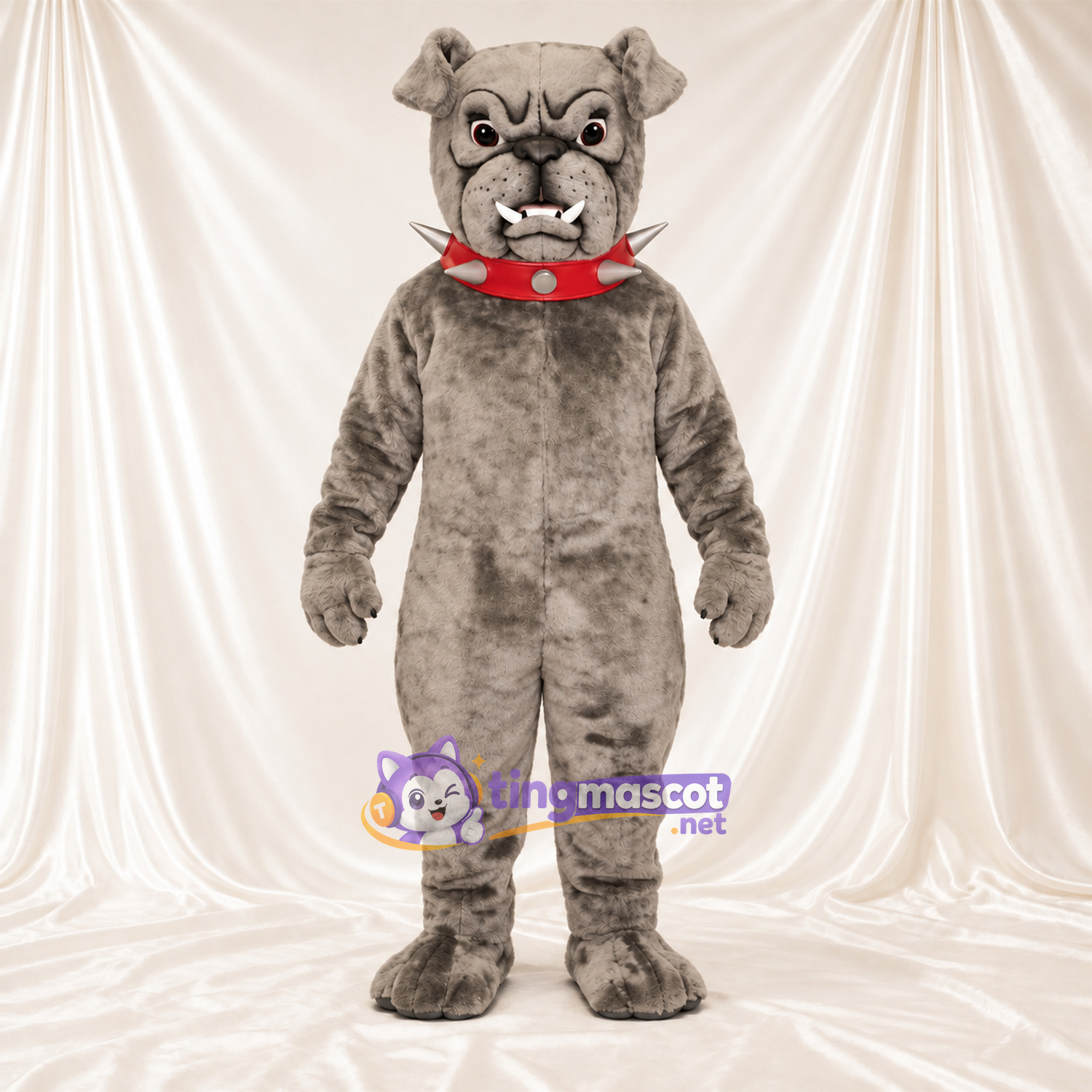 Gray Bulldog Mascot Costume - Pointed Fangs and Red Collar Gray Bulldog Mascot Costume - Pointed Fangs and Red Collar