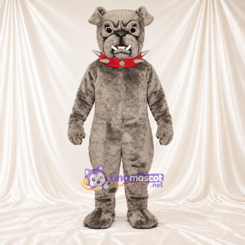 Gray Bulldog Mascot Costume - Pointed Fangs and Red Collar Gray Bulldog Mascot Costume - Pointed Fangs and Red Collar