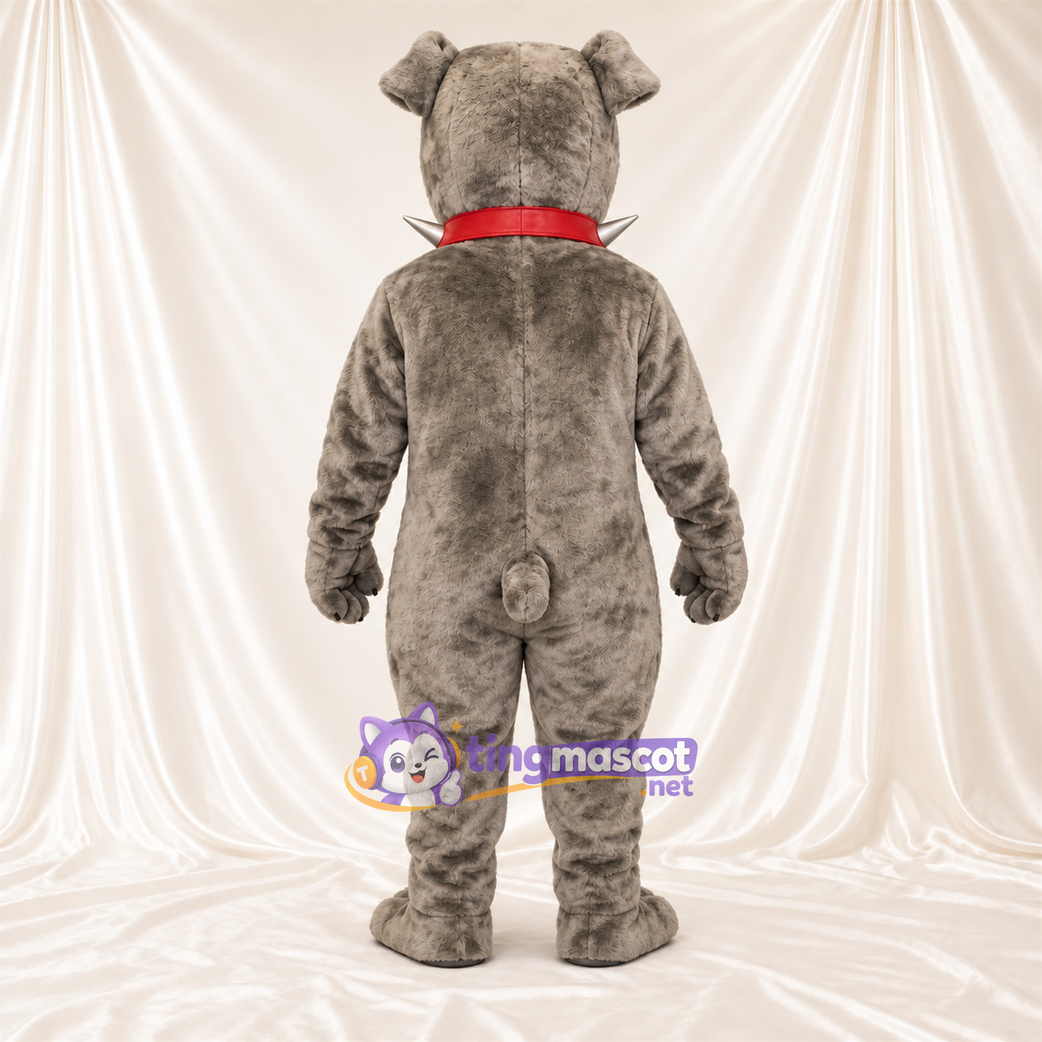 Gray Bulldog Mascot Costume - Pointed Fangs and Red Collar Gray Bulldog Mascot Costume - Pointed Fangs and Red Collar
