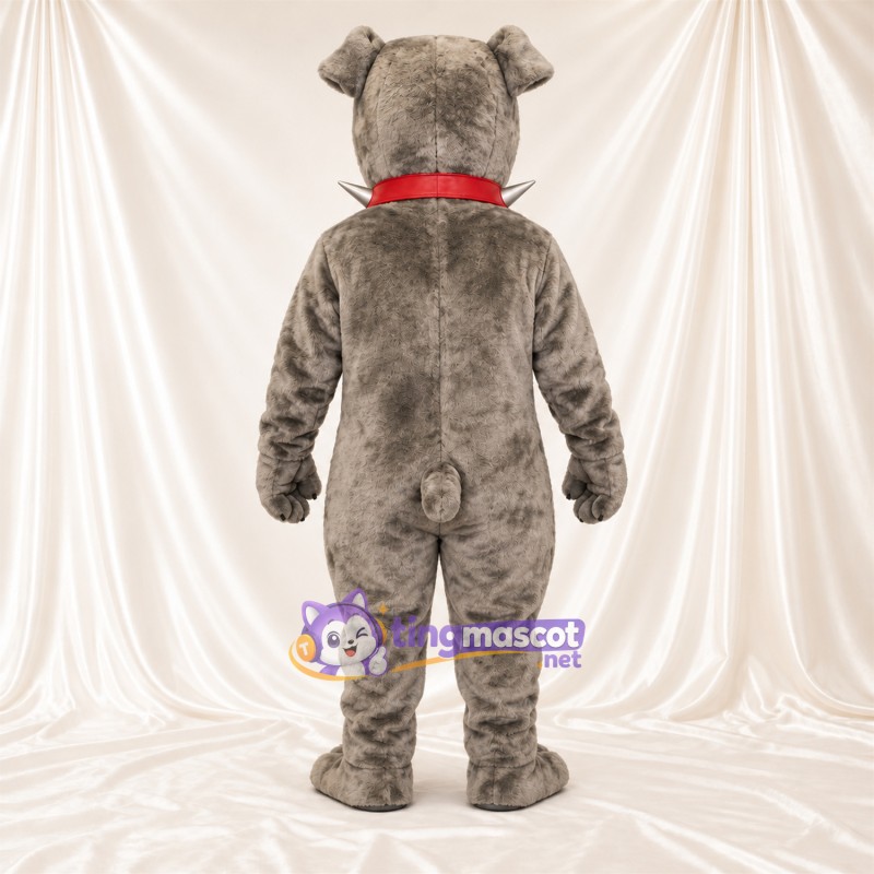 Gray Bulldog Mascot Costume - Pointed Fangs and Red Collar Gray Bulldog Mascot Costume - Pointed Fangs and Red Collar
