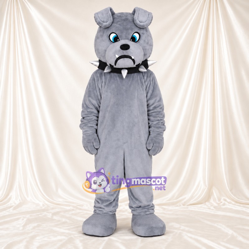Costume de mascotte Bouledogue – gris – Yeux (bleu); Collier à pointes Costume de mascotte Bouledogue – gris – Yeux (bleu); Collier à pointes