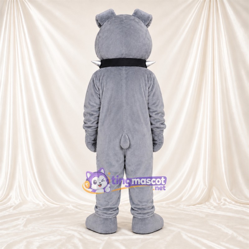 Costume de mascotte Bouledogue – gris – Yeux (bleu); Collier à pointes Costume de mascotte Bouledogue – gris – Yeux (bleu); Collier à pointes