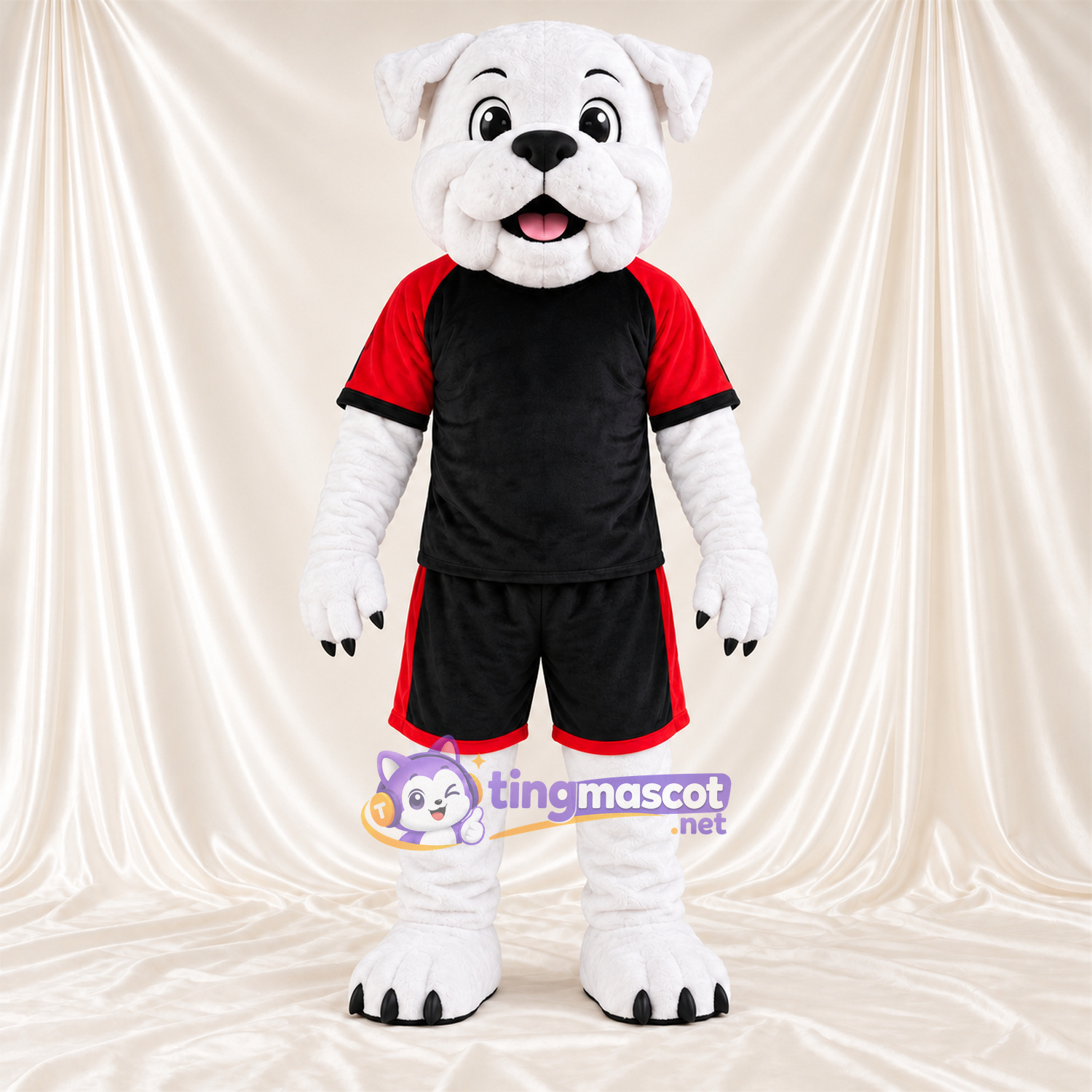 Costume de mascotte Bouledogue – blanc – Tenue de sport (noir / rouge) Costume de mascotte Bouledogue – blanc – Tenue de sport (noir / rouge)