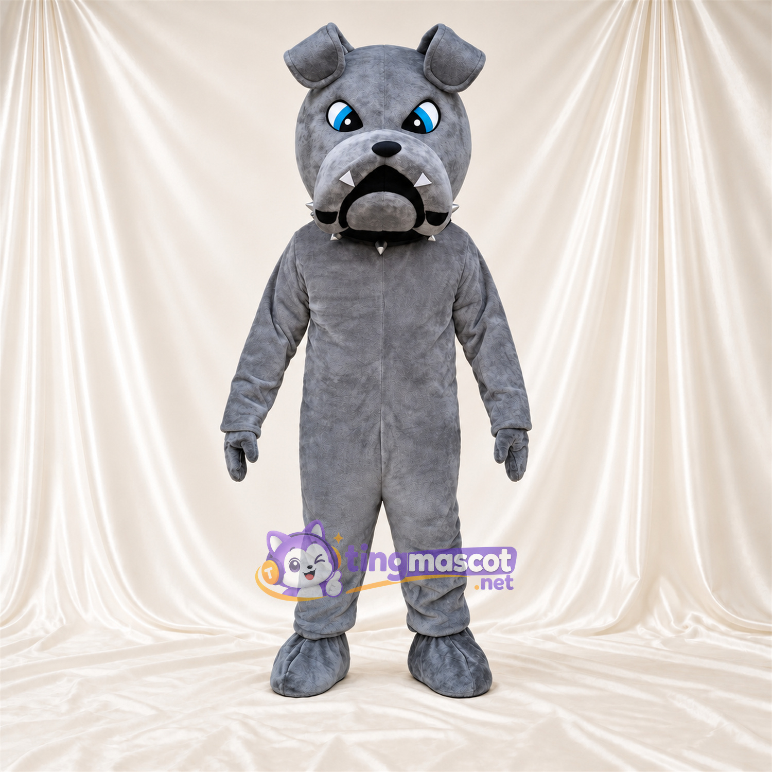Costume de mascotte Bouledogue – gris – Yeux (bleu); Col Costume de mascotte Bouledogue – gris – Yeux (bleu); Col