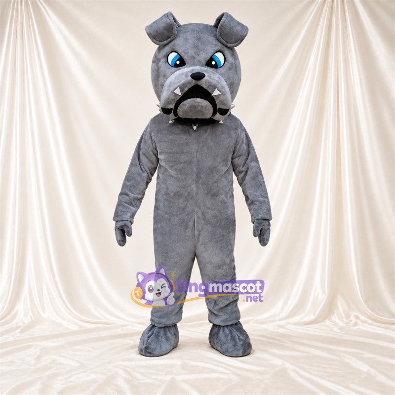 Costume de mascotte Bouledogue – gris – Yeux (bleu); Col Costume de mascotte Bouledogue – gris – Yeux (bleu); Col