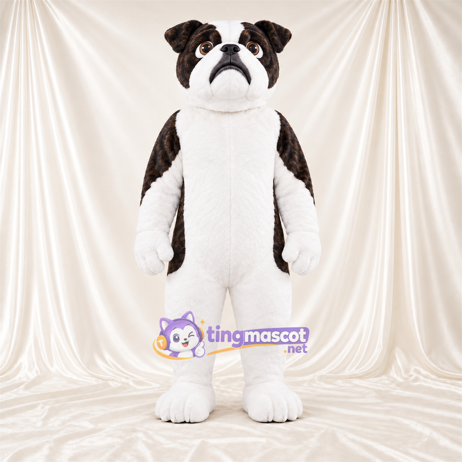 Maskottchenkostüm Bulldogge – braun / weiß – Bauch (weiß); Unterschenkel (weiß) Maskottchenkostüm Bulldogge – braun / weiß – Bauch (weiß); Unterschenkel (weiß)
