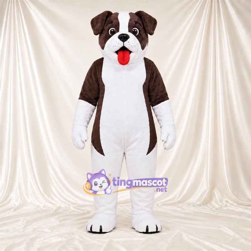 Costume de mascotte Bouledogue – marron / blanc – Gants (blanc); Langue (rouge) Costume de mascotte Bouledogue – marron / blanc – Gants (blanc); Langue (rouge)
