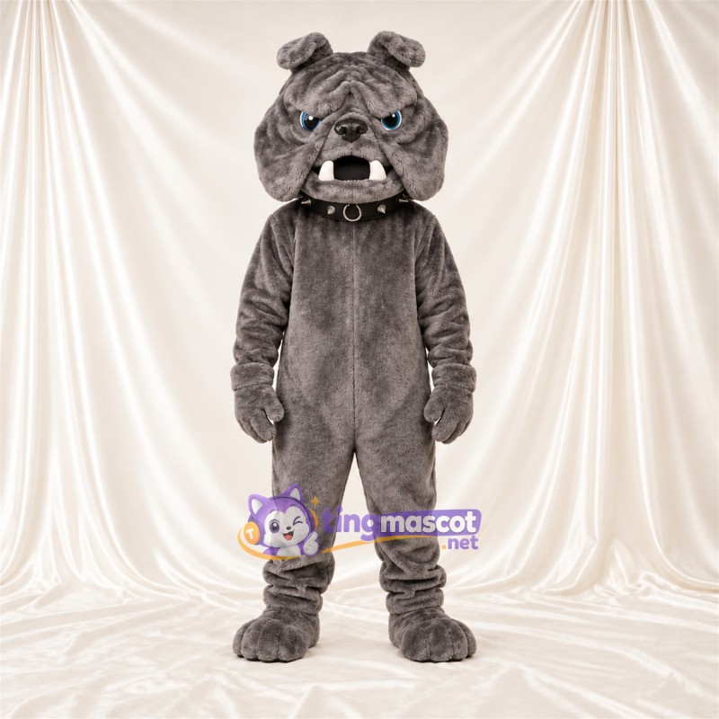 Costume de mascotte Bouledogue – gris – Grandes incisives; Col Costume de mascotte Bouledogue – gris – Grandes incisives; Col