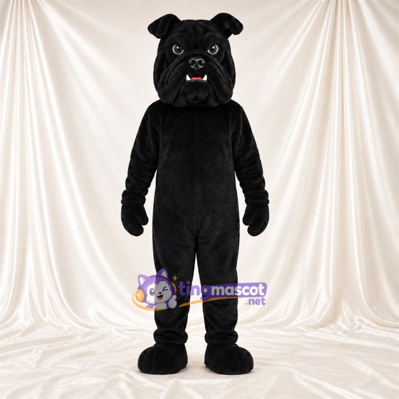 Black Bulldog Mascot Costume - Wrinkled Face and Pointed Fangs Black Bulldog Mascot Costume - Wrinkled Face and Pointed Fangs