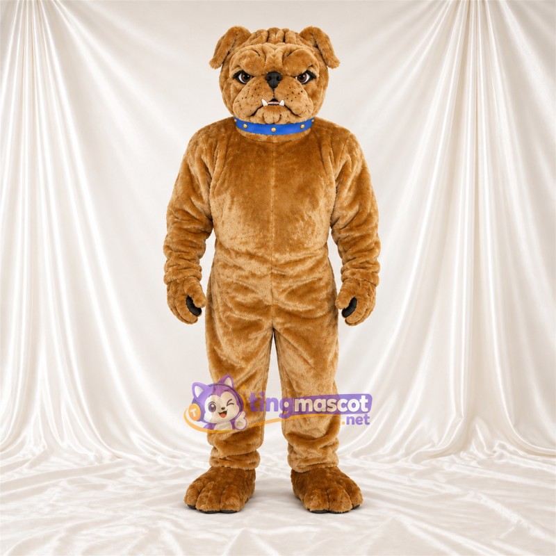 Costume de mascotte Bouledogue – brun clair – Col (bleu); Coussinets (noir) Costume de mascotte Bouledogue – brun clair – Col (bleu); Coussinets (noir)