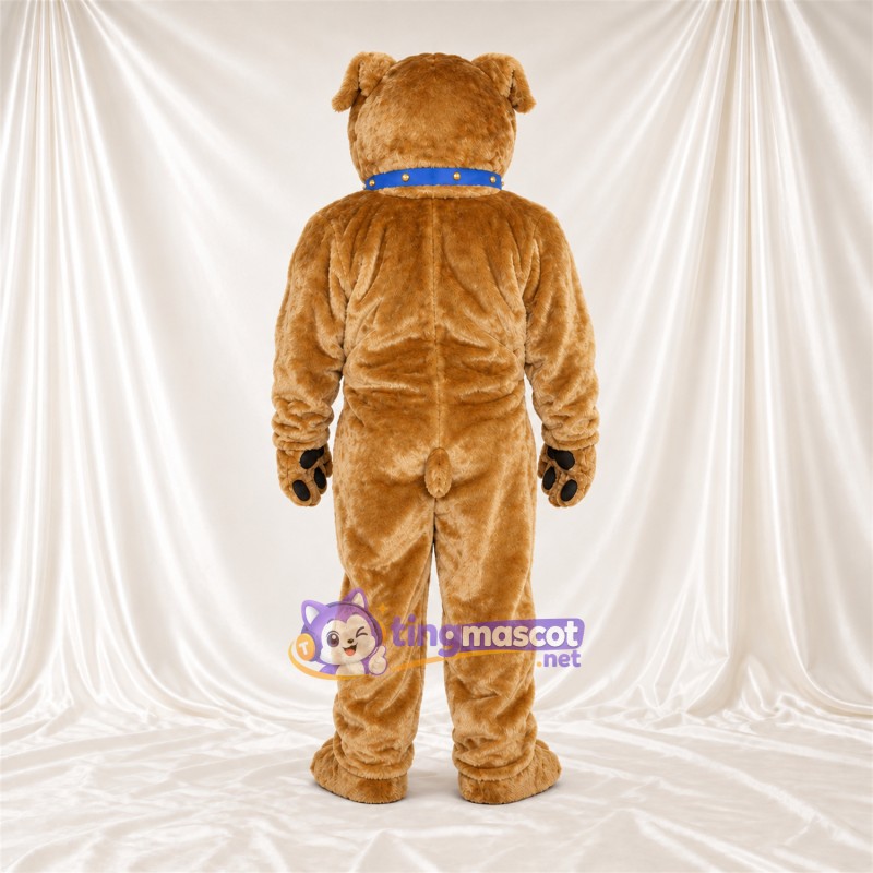 Costume de mascotte Bouledogue – brun clair – Col (bleu); Coussinets (noir) Costume de mascotte Bouledogue – brun clair – Col (bleu); Coussinets (noir)