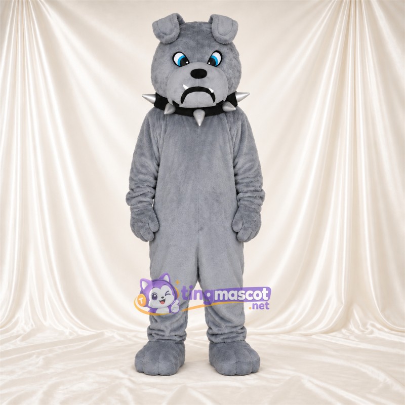 Costume de mascotte Bouledogue – gris – Yeux (bleu); Collier à pointes Costume de mascotte Bouledogue – gris – Yeux (bleu); Collier à pointes