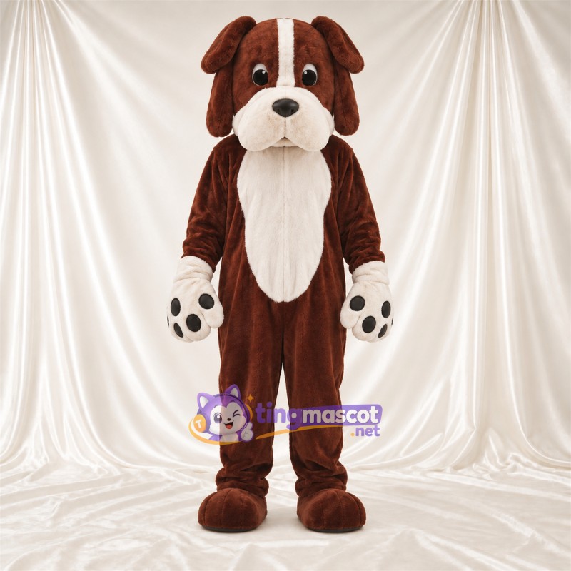 Costume de mascotte Chien – marron / blanc – Coussinets (noir); Liste sur le visage (blanc) Costume de mascotte Chien – marron / blanc – Coussinets (noir); Liste sur le visage (blanc)
