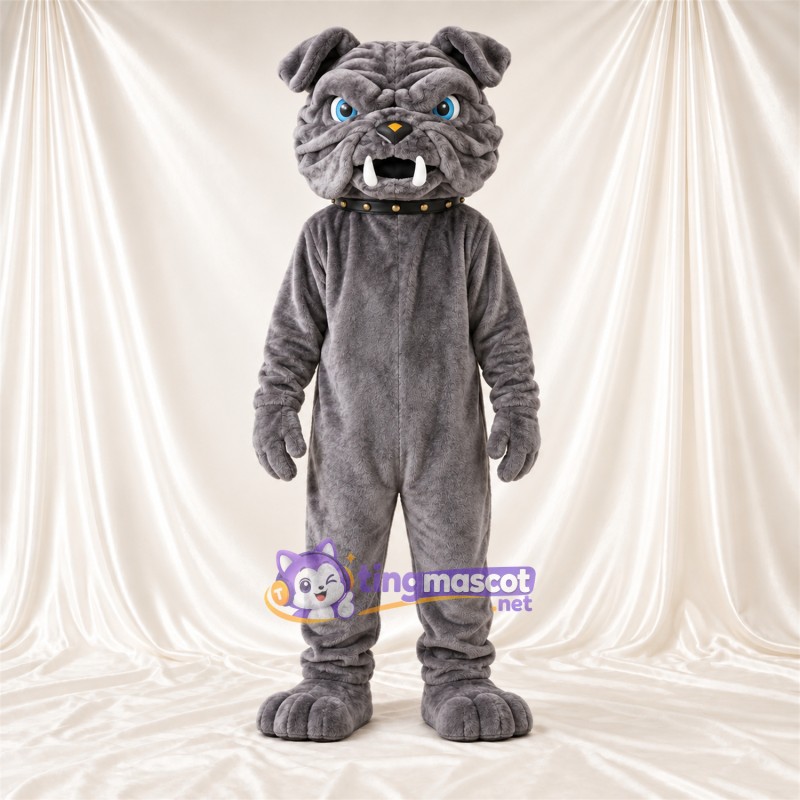 Costume de mascotte Bouledogue – gris – Grandes incisives; Col Costume de mascotte Bouledogue – gris – Grandes incisives; Col