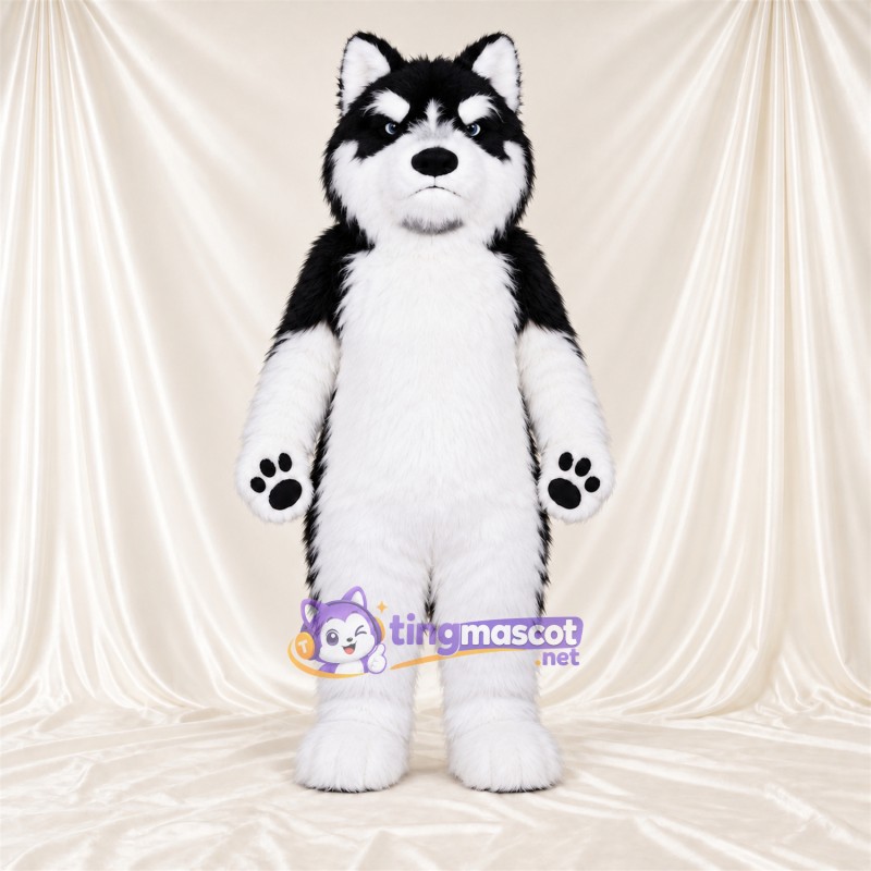 Black and White Husky Mascot Costume - Black Paw Pads and White Lower Legs Black and White Husky Mascot Costume - Black Paw Pads and White Lower Legs