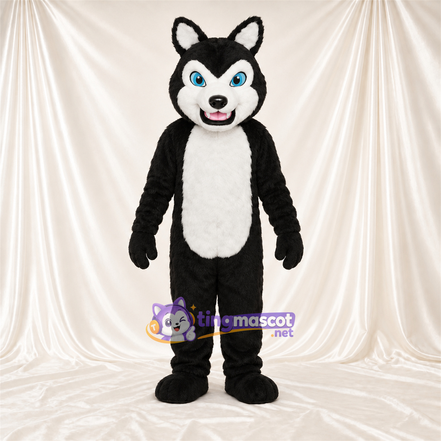 Costume de mascotte Husky – noir / blanc – Bout de la queue (blanc); Yeux (bleu) Costume de mascotte Husky – noir / blanc – Bout de la queue (blanc); Yeux (bleu)