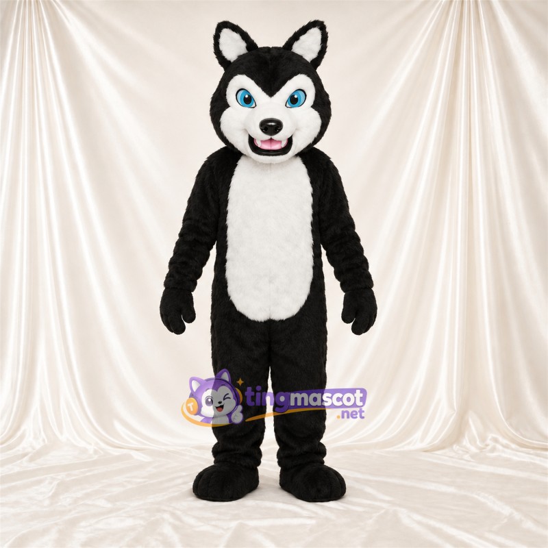 Costume de mascotte Husky – noir / blanc – Bout de la queue (blanc); Yeux (bleu) Costume de mascotte Husky – noir / blanc – Bout de la queue (blanc); Yeux (bleu)