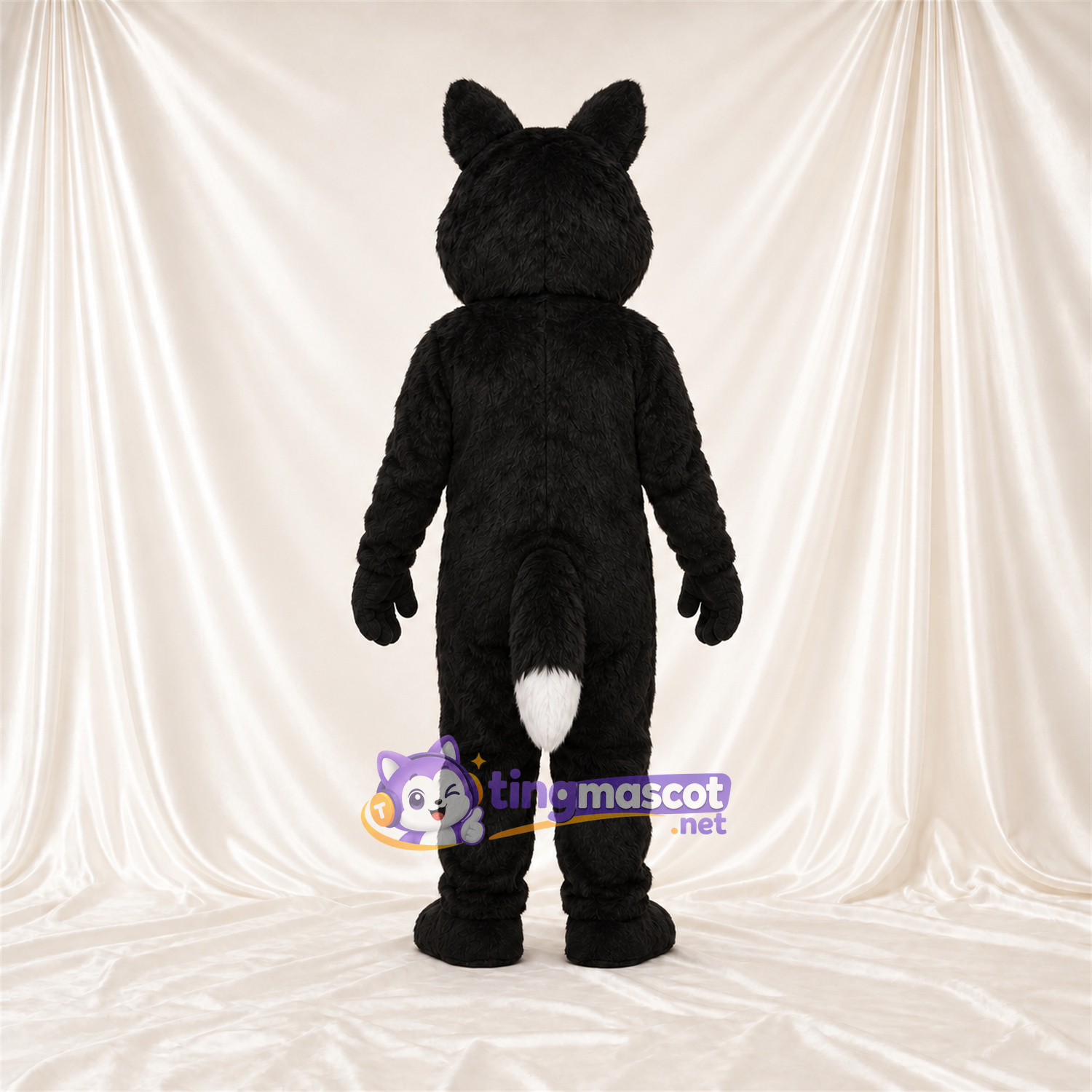Costume de mascotte Husky – noir / blanc – Bout de la queue (blanc); Yeux (bleu) Costume de mascotte Husky – noir / blanc – Bout de la queue (blanc); Yeux (bleu)