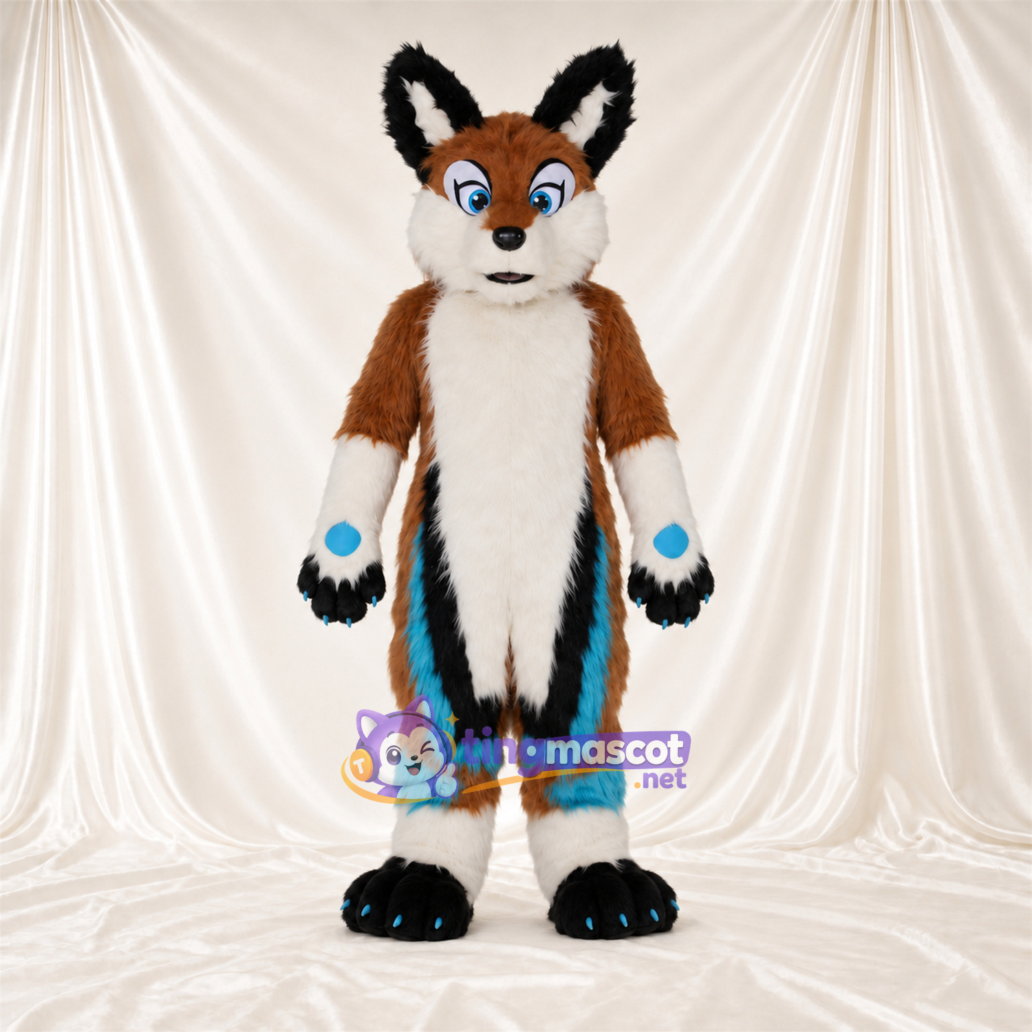 Brown and White Fox Mascot Costume - Blue Accents, White Tail Tip and Blue Paw Pads Brown and White Fox Mascot Costume - Blue Accents, White Tail Tip and Blue Paw Pads