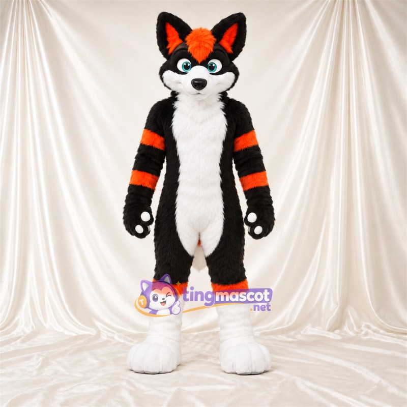 Black and White Fox Mascot Costume - Orange Accents Black and White Fox Mascot Costume - Orange Accents