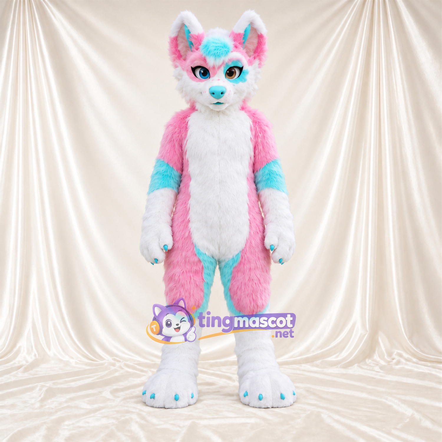 Costume de mascotte Chien – rose / blanc – Touches de couleur (turquoise); Nez (bleu) Costume de mascotte Chien – rose / blanc – Touches de couleur (turquoise); Nez (bleu)