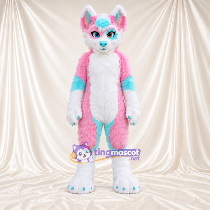 Costume de mascotte Chien – rose / blanc – Touches de couleur (turquoise); Nez (bleu) Costume de mascotte Chien – rose / blanc – Touches de couleur (turquoise); Nez (bleu)