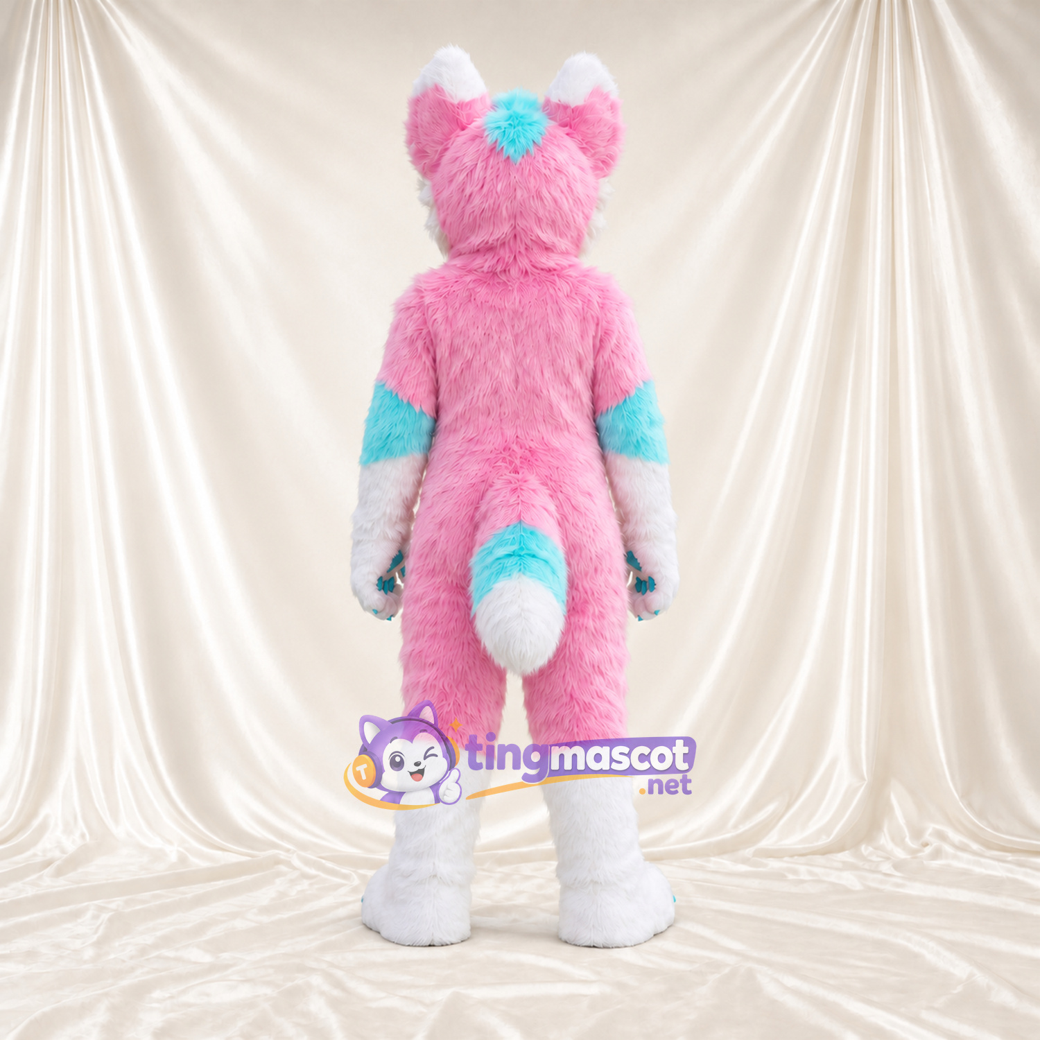 Costume de mascotte Chien – rose / blanc – Touches de couleur (turquoise); Nez (bleu) Costume de mascotte Chien – rose / blanc – Touches de couleur (turquoise); Nez (bleu)