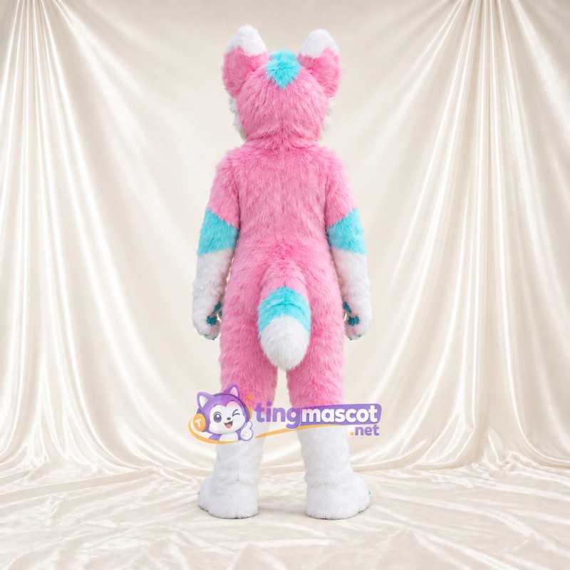 Costume de mascotte Chien – rose / blanc – Touches de couleur (turquoise); Nez (bleu) Costume de mascotte Chien – rose / blanc – Touches de couleur (turquoise); Nez (bleu)