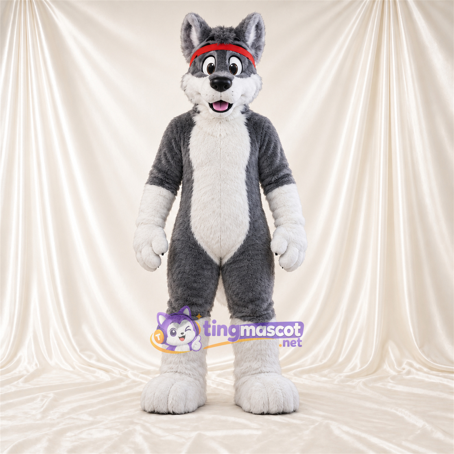 Maskottchenkostüm Husky – grau / weiß – Stirnband (rot) Maskottchenkostüm Husky – grau / weiß – Stirnband (rot)