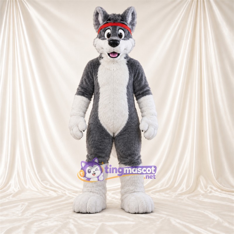 Maskottchenkostüm Husky – grau / weiß – Stirnband (rot) Maskottchenkostüm Husky – grau / weiß – Stirnband (rot)