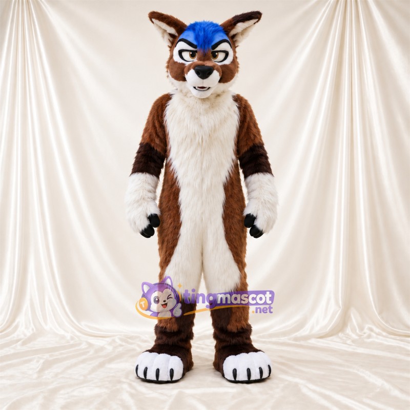 Brown and White Fox Mascot Costume - Blue Accents, White Feet and Blue Head Tuft Brown and White Fox Mascot Costume - Blue Accents, White Feet and Blue Head Tuft