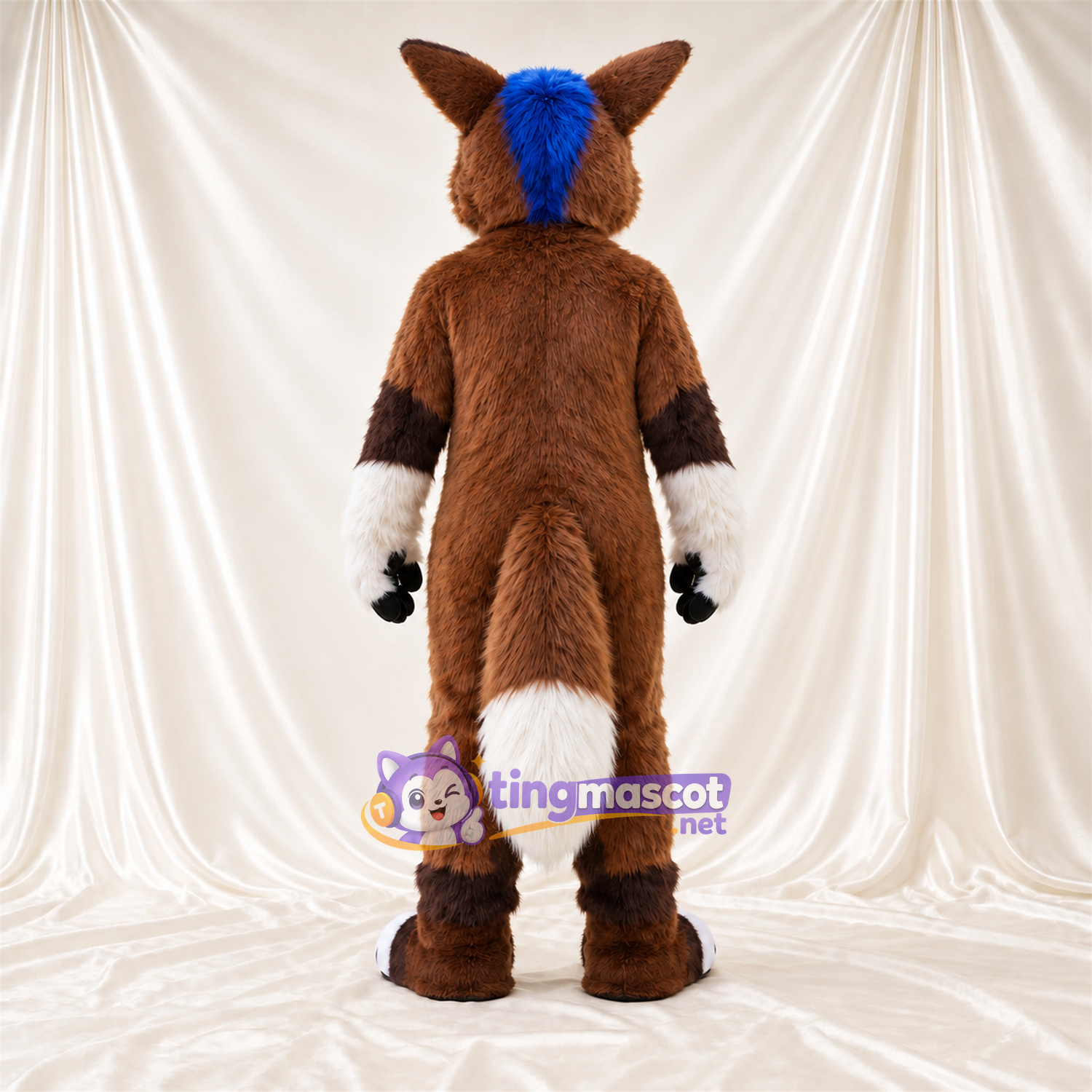 Brown and White Fox Mascot Costume - Blue Accents, White Feet and Blue Head Tuft Brown and White Fox Mascot Costume - Blue Accents, White Feet and Blue Head Tuft