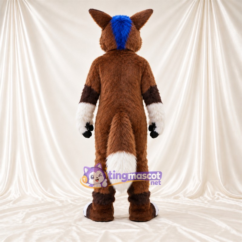 Brown and White Fox Mascot Costume - Blue Accents, White Feet and Blue Head Tuft Brown and White Fox Mascot Costume - Blue Accents, White Feet and Blue Head Tuft