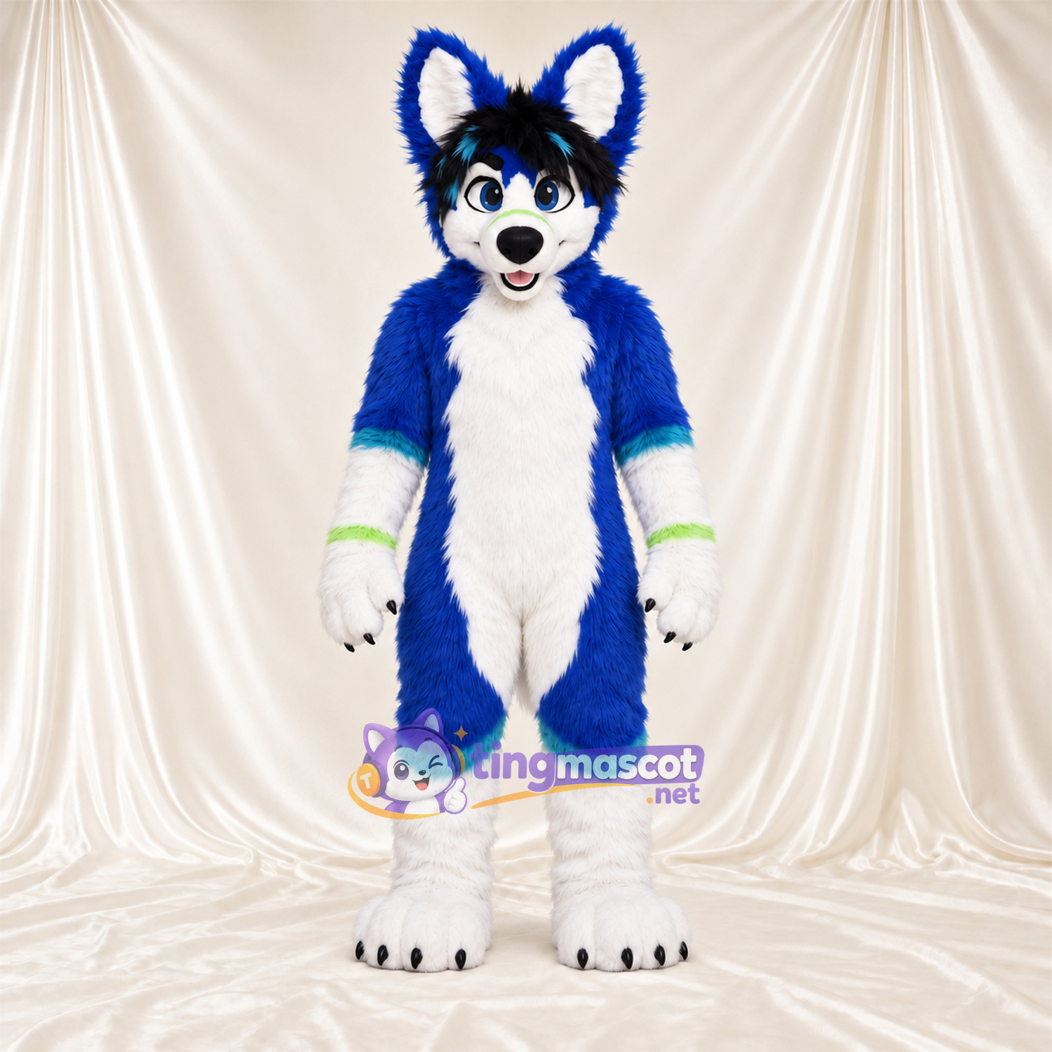 Maskottchenkostüm Husky – blau / weiß – Bauch (weiß); Hand- und Fußgelenkbänder (grün) Maskottchenkostüm Husky – blau / weiß – Bauch (weiß); Hand- und Fußgelenkbänder (grün)
