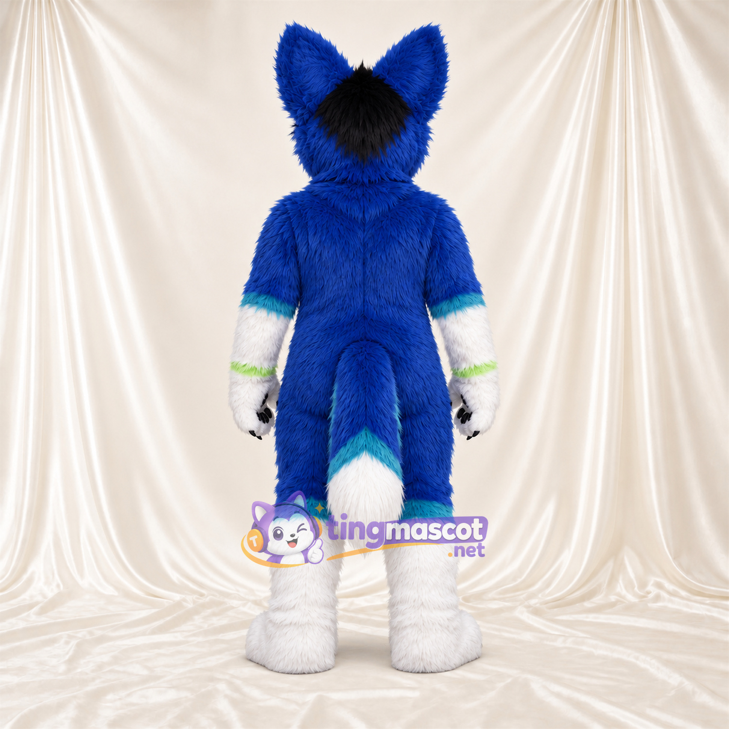 Maskottchenkostüm Husky – blau / weiß – Bauch (weiß); Hand- und Fußgelenkbänder (grün) Maskottchenkostüm Husky – blau / weiß – Bauch (weiß); Hand- und Fußgelenkbänder (grün)