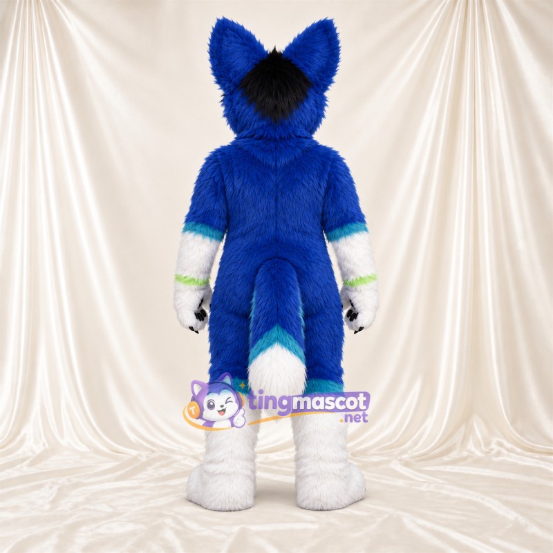 Maskottchenkostüm Husky – blau / weiß – Bauch (weiß); Hand- und Fußgelenkbänder (grün) Maskottchenkostüm Husky – blau / weiß – Bauch (weiß); Hand- und Fußgelenkbänder (grün)