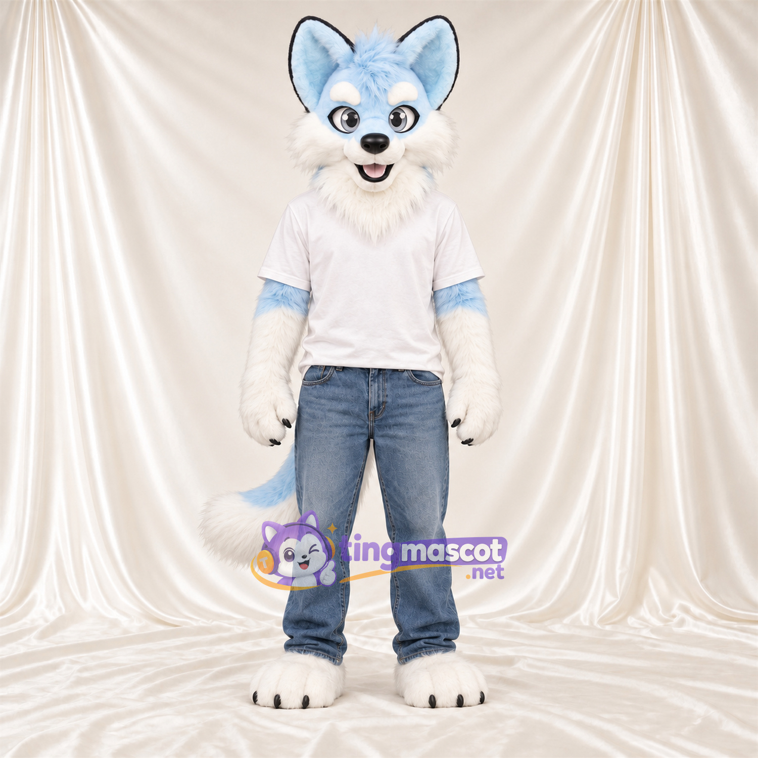 Costume de mascotte Husky – bleu / blanc – Chemise (blanc) Costume de mascotte Husky – bleu / blanc – Chemise (blanc)