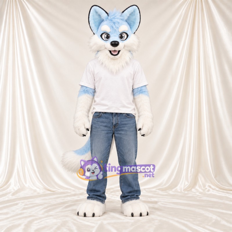 Costume de mascotte Husky – bleu / blanc – Chemise (blanc) Costume de mascotte Husky – bleu / blanc – Chemise (blanc)