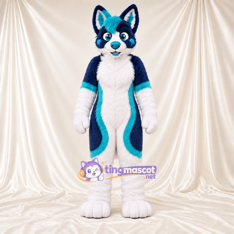 Maskottchenkostüm Husky – blau / weiß – Ringelschwanz; Unterschenkel (weiß) Maskottchenkostüm Husky – blau / weiß – Ringelschwanz; Unterschenkel (weiß)