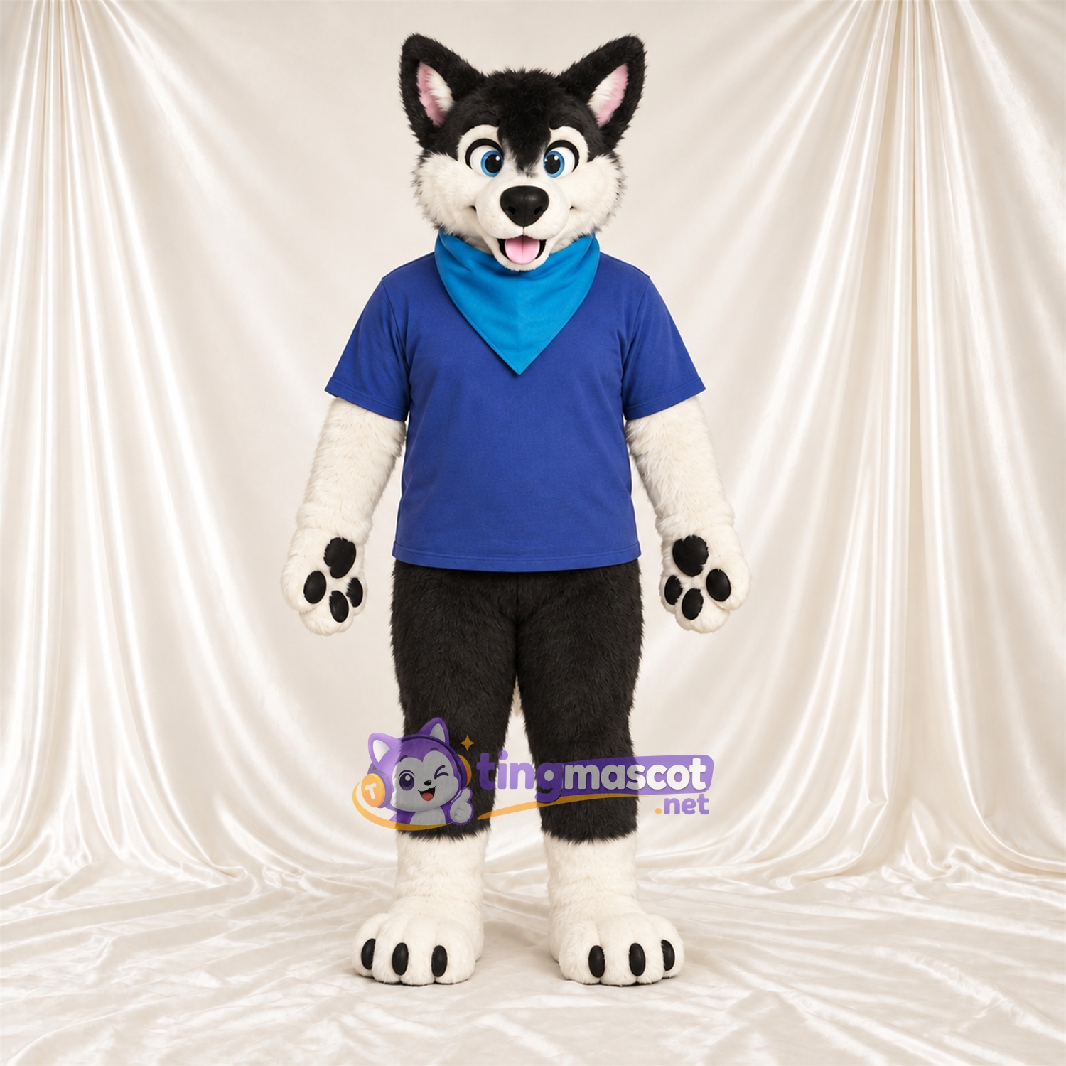 Black and White Husky Mascot Costume - Blue Shirt and Bandana Black and White Husky Mascot Costume - Blue Shirt and Bandana