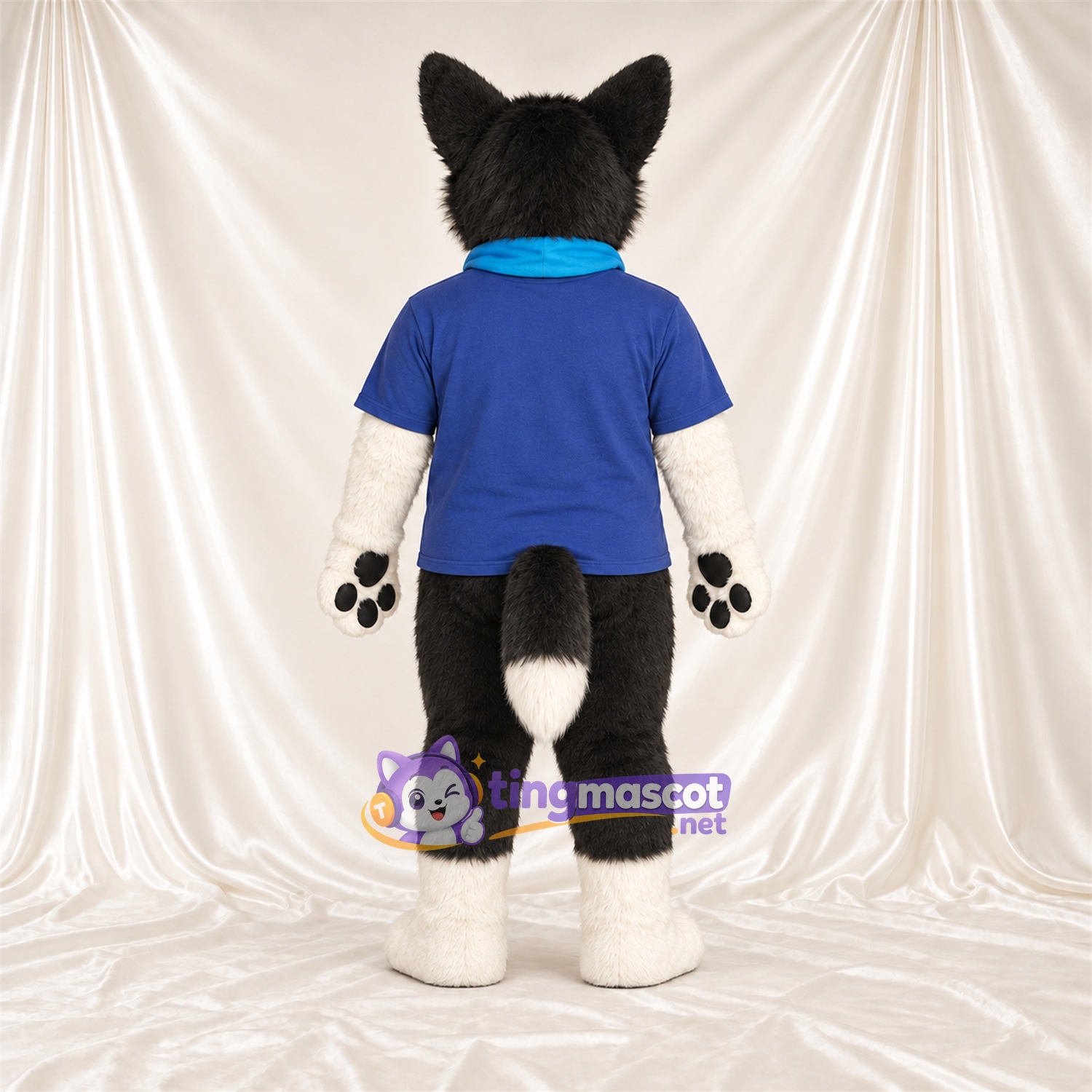 Black and White Husky Mascot Costume - Blue Shirt and Bandana Black and White Husky Mascot Costume - Blue Shirt and Bandana