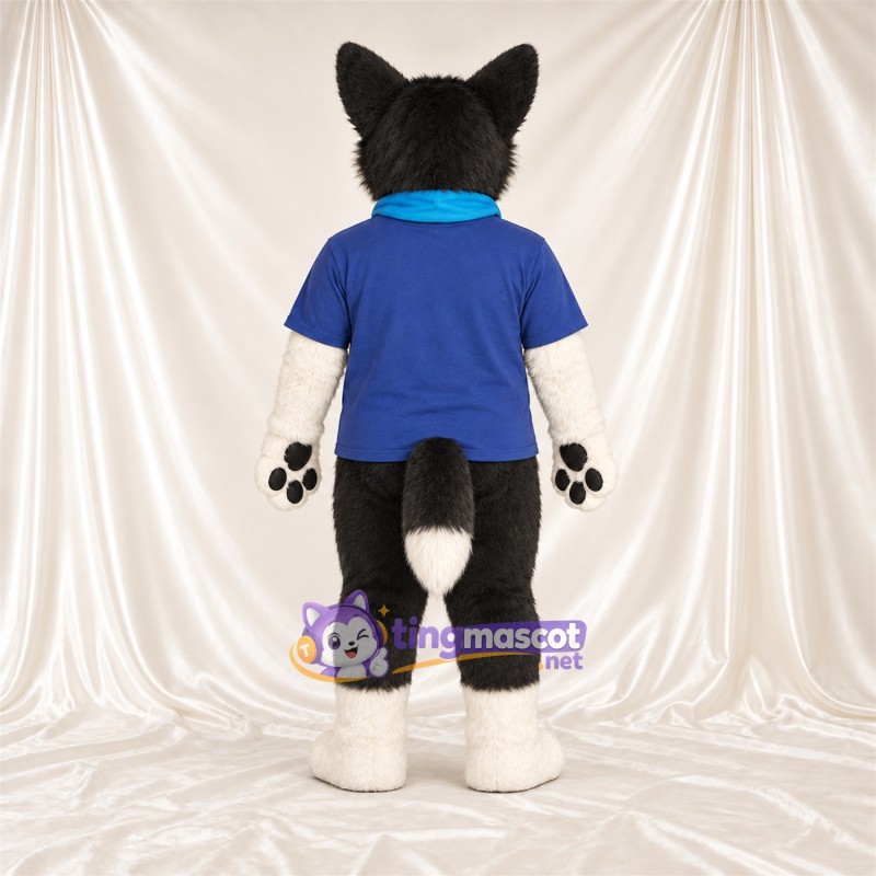 Black and White Husky Mascot Costume - Blue Shirt and Bandana Black and White Husky Mascot Costume - Blue Shirt and Bandana
