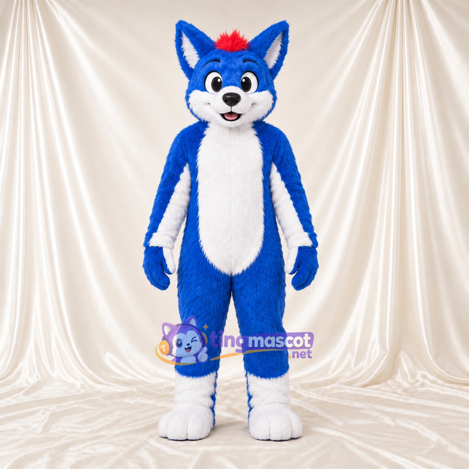 Maskottchenkostüm Husky – blau / weiß – Bauch (weiß); Haarschopf (rot) Maskottchenkostüm Husky – blau / weiß – Bauch (weiß); Haarschopf (rot)