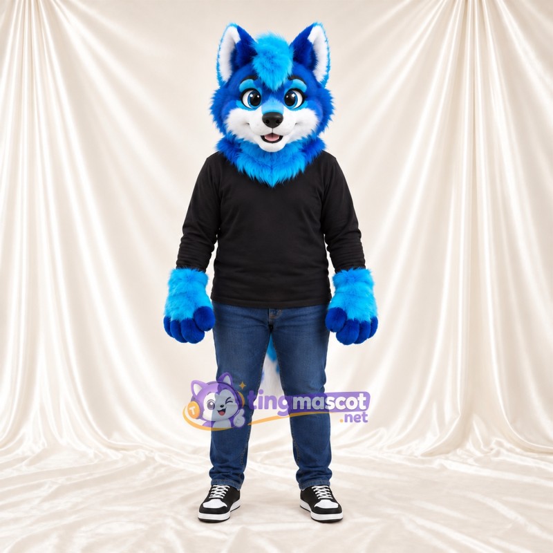 Costume de mascotte Husky – bleu / blanc – Chemise (noir); Longue queue Costume de mascotte Husky – bleu / blanc – Chemise (noir); Longue queue