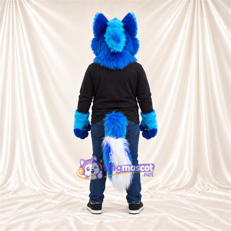 Costume de mascotte Husky – bleu / blanc – Chemise (noir); Longue queue Costume de mascotte Husky – bleu / blanc – Chemise (noir); Longue queue