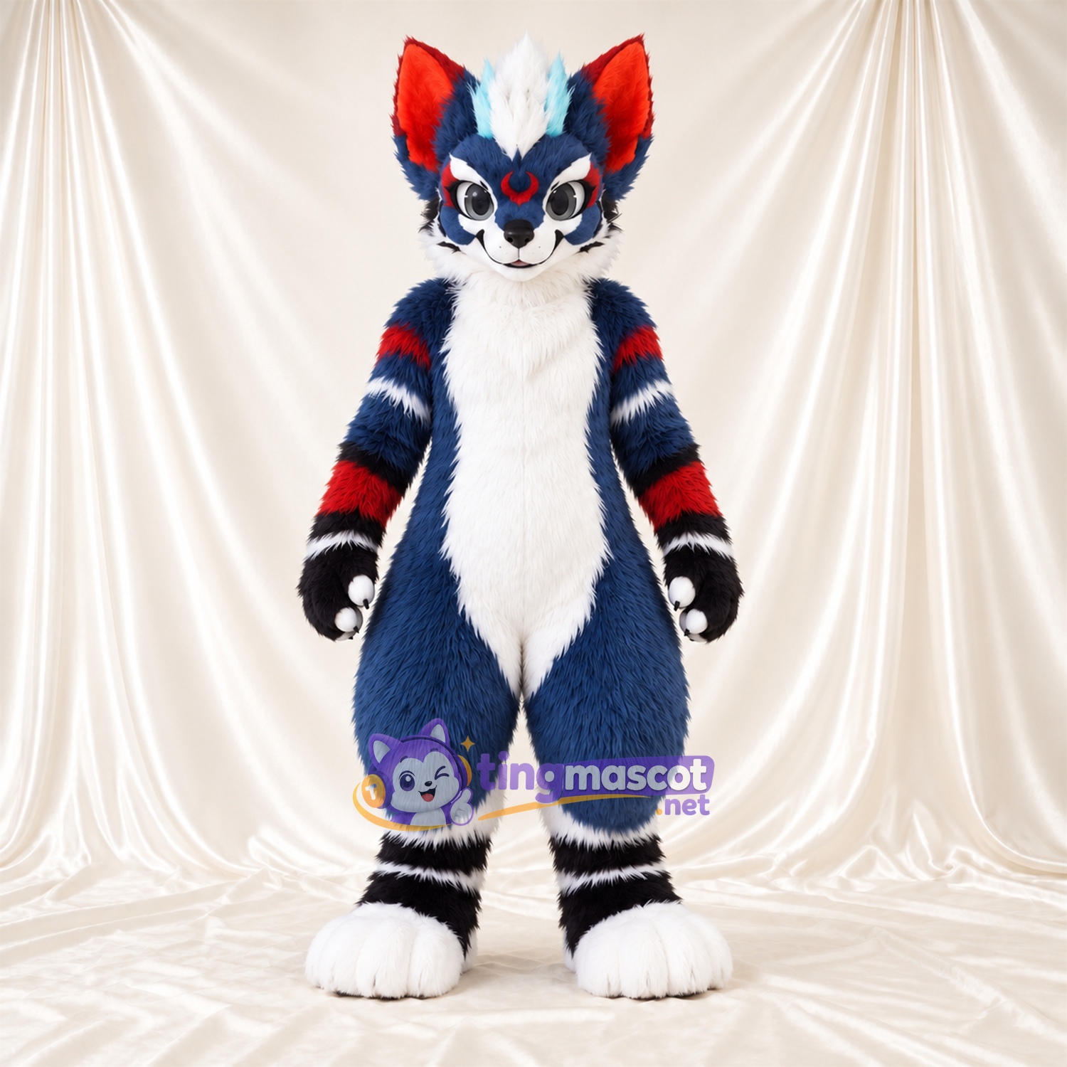Blue and White Husky Mascot Costume - Red Accents Blue and White Husky Mascot Costume - Red Accents