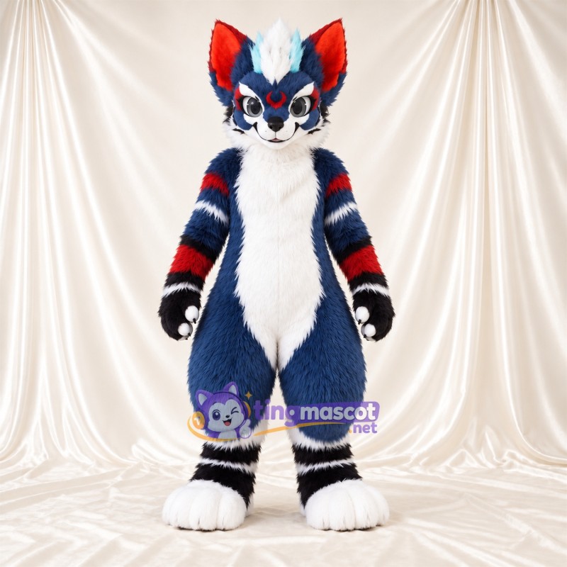 Blue and White Husky Mascot Costume - Red Accents Blue and White Husky Mascot Costume - Red Accents