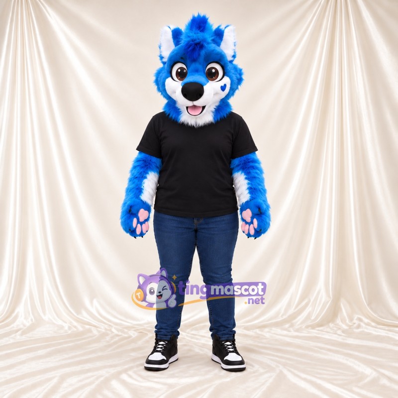 Costume de mascotte Husky – bleu / blanc – Chemise (noir); Queue enroulée Costume de mascotte Husky – bleu / blanc – Chemise (noir); Queue enroulée