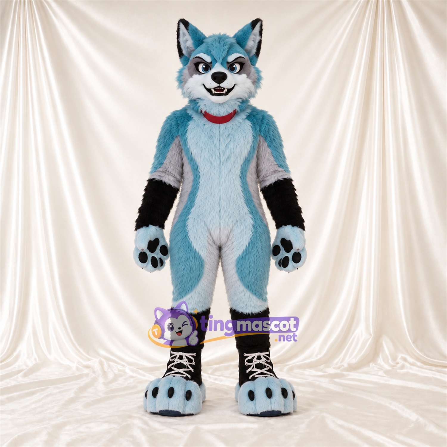 Costume de mascotte Husky – bleu / blanc – Coussinets (bleu); Col (rouge)