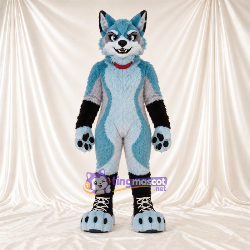 Costume de mascotte Husky – bleu / blanc – Coussinets (bleu); Col (rouge) Costume de mascotte Husky – bleu / blanc – Coussinets (bleu); Col (rouge)